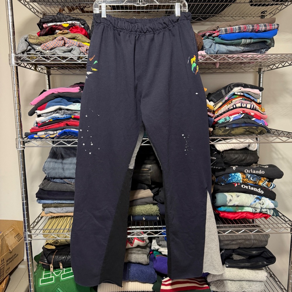 mnml Sweatpants Men XXL Navy Blue Paint Splatter Flare Hem Contrast Panel Street